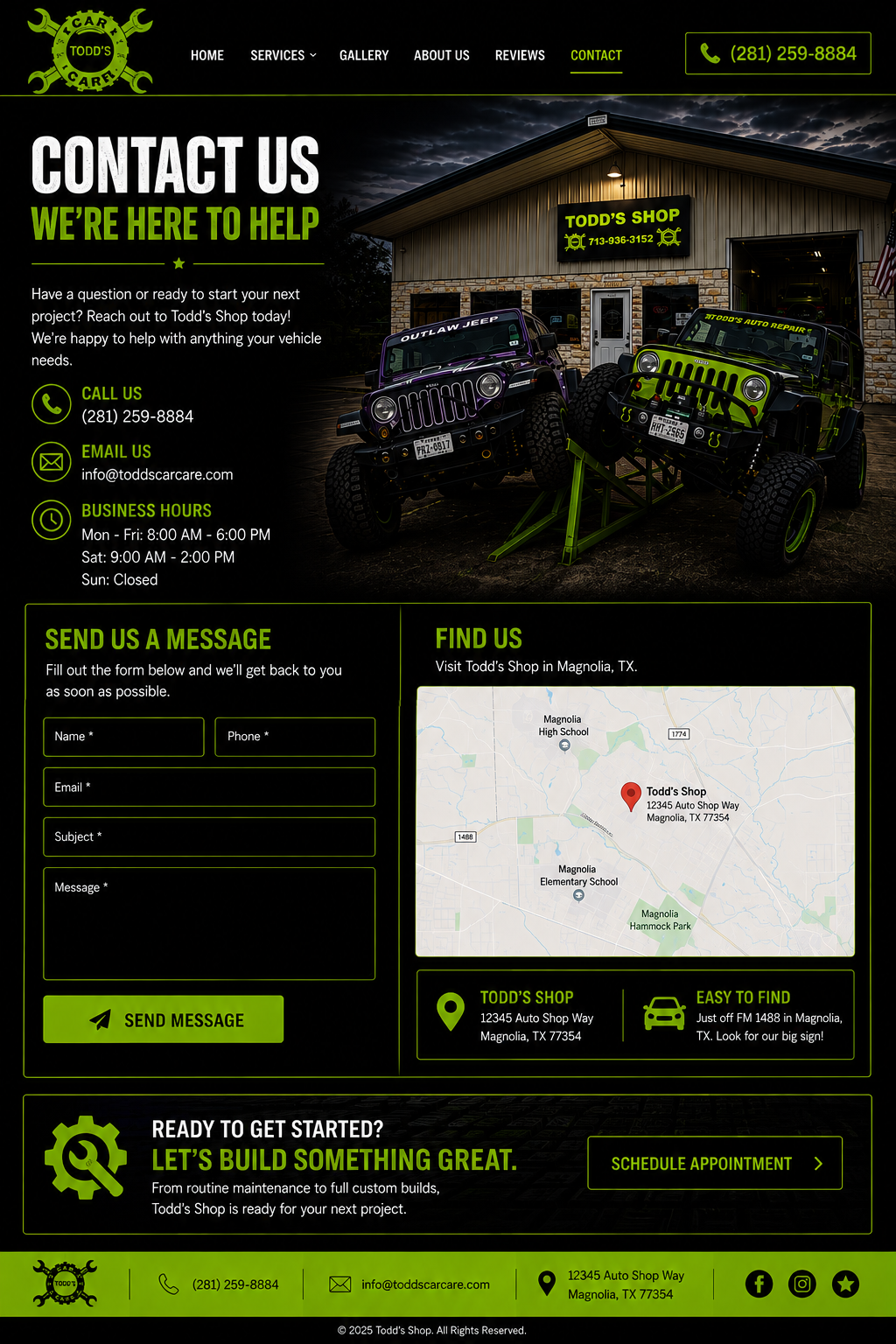 Todd's Shop contact page preview